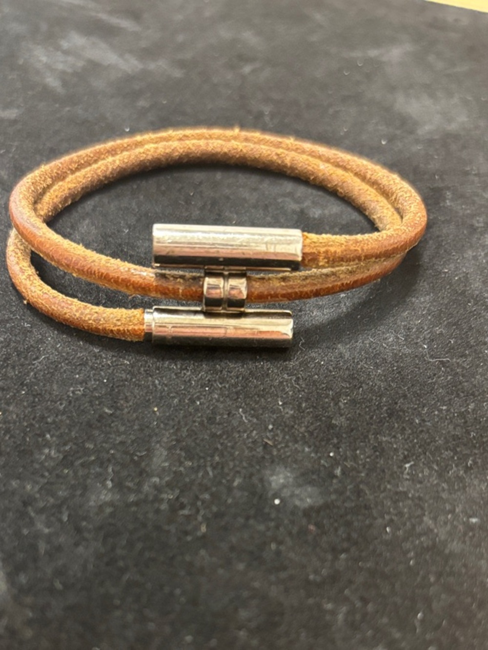 Hermes Brown Double-Wrap Leather Bracelet with Silver Clasp